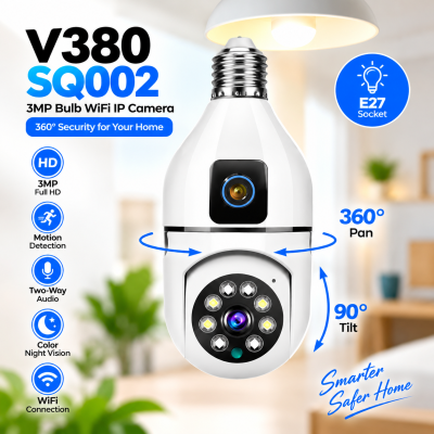 V380 SQ002 3MP Bulb WiFi IP Camera – 360-Degree Panoramic Wireless CCTV with Color Night Vision, Two-Way Audio, Motion Detection & E27 Socket Installation